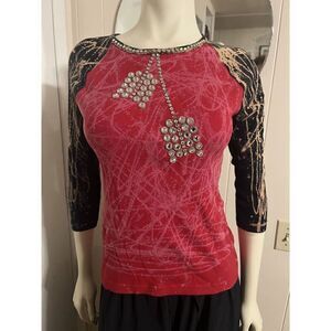 Cosmopolis Womens M Tie Dye Splatter Tee Red Tag Error Rhinestone Gramaphone